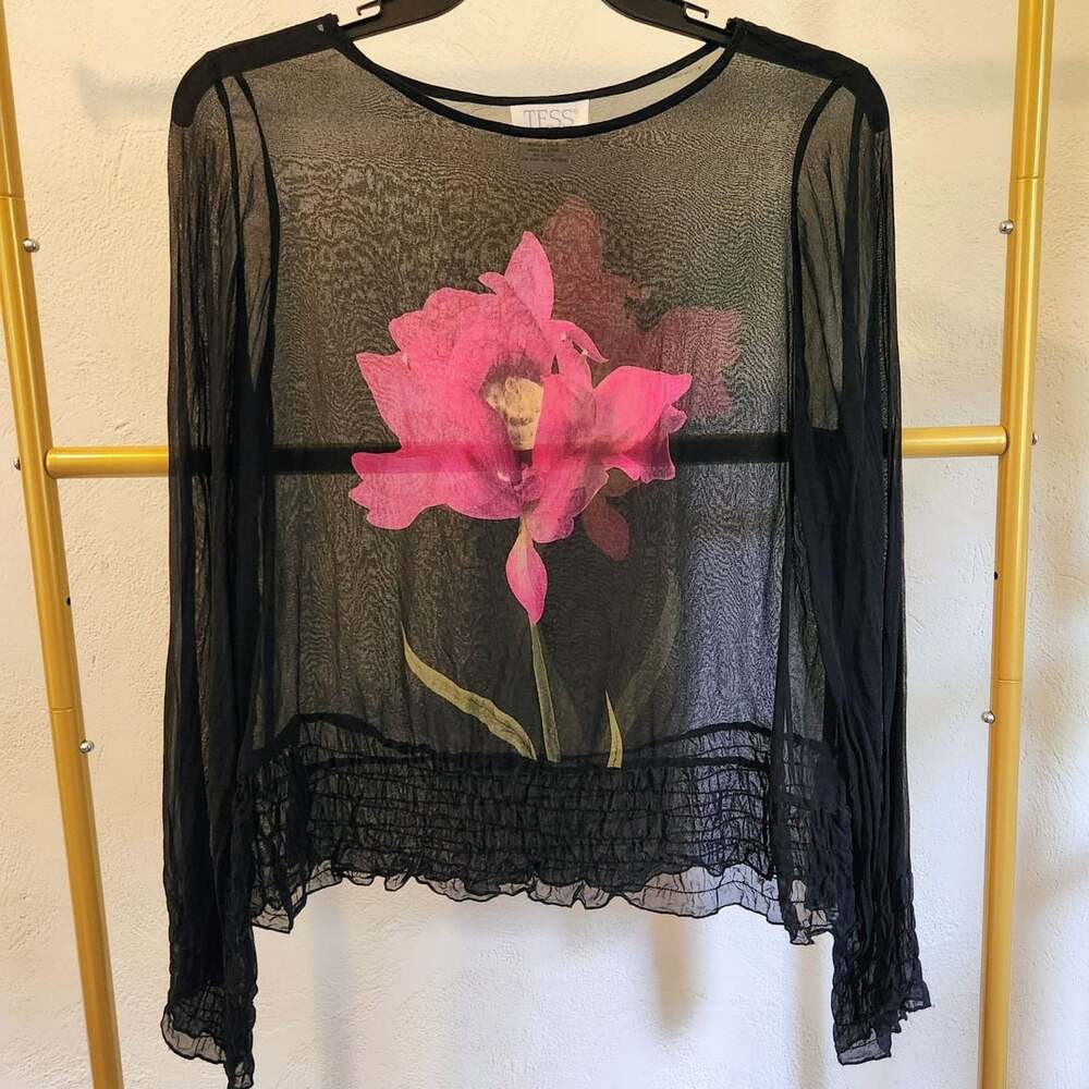 TESS Silk Blouse Size L Black Pink Floral Sheer Long Sleeve Top